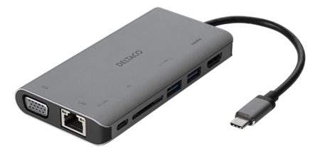 Deltaco USB-C dockningsstation, HDMI/VGA/2xUSB3/LAN/SD+USB-C PD